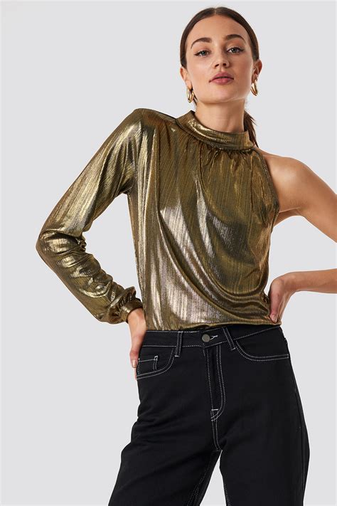 one shoulder metallic top